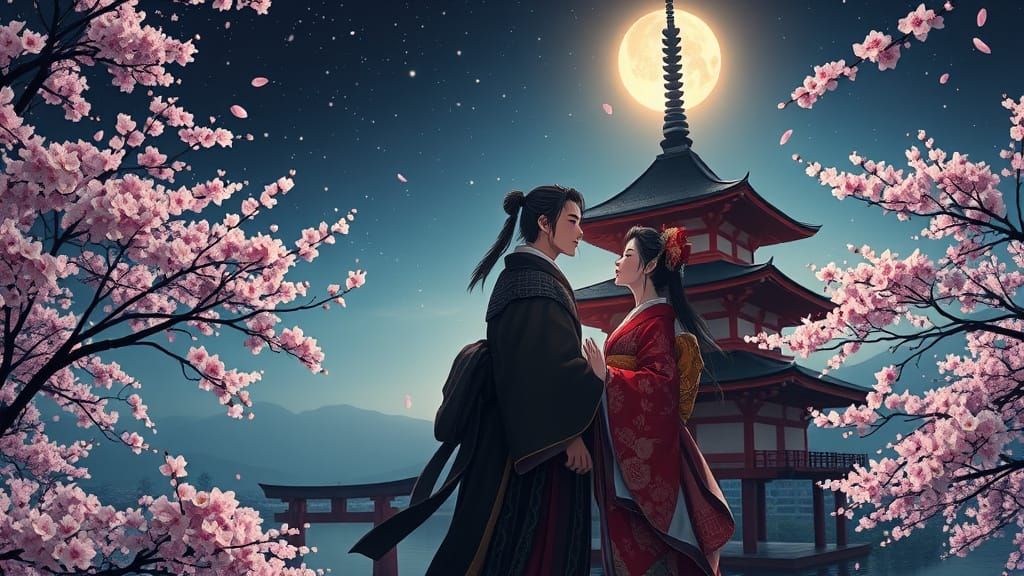 Samurai and Geisha Kiss Under Cherry Blossoms