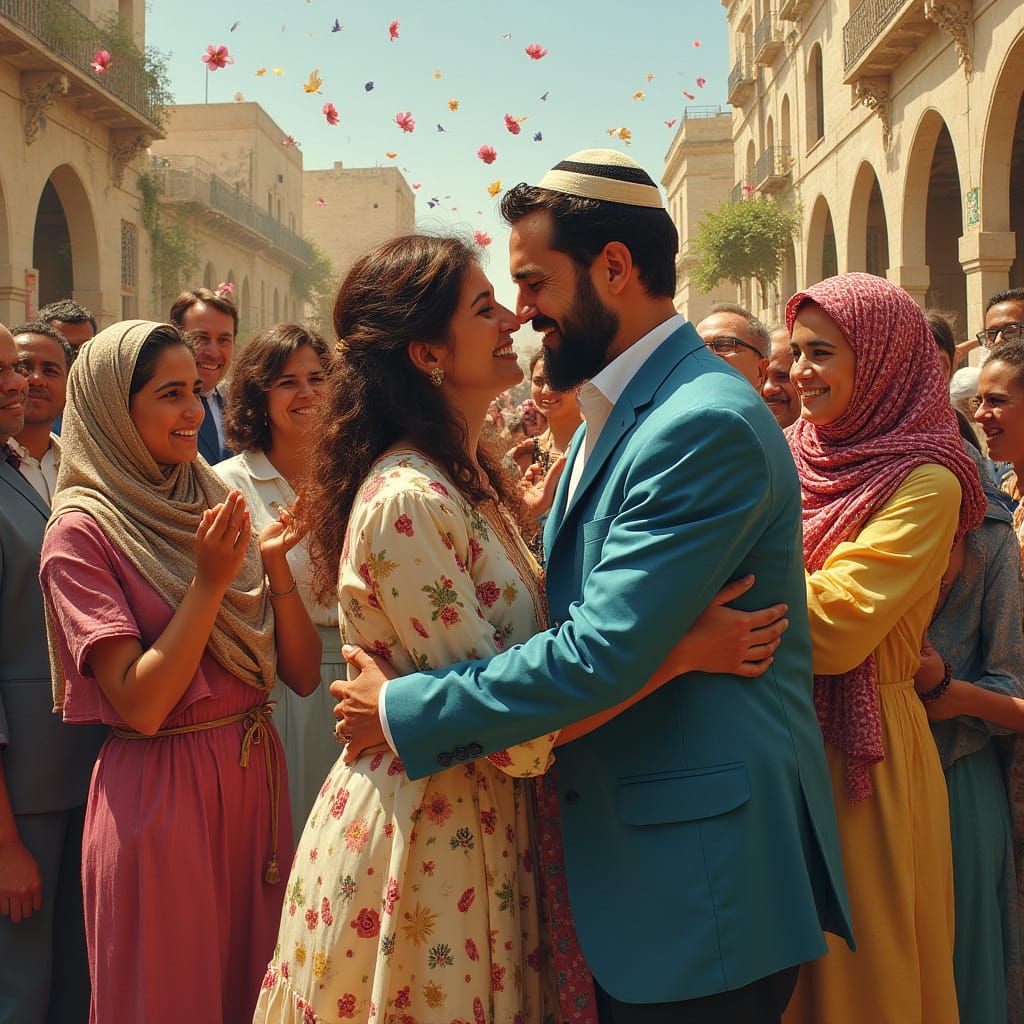 Image of Jewish and Muslim Communities Embracing Peace