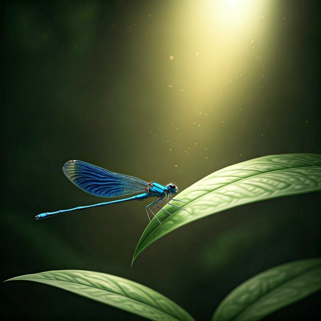 Iridescent Damselfly on a Vibrant Green Leaf in a Sun-Dapple...