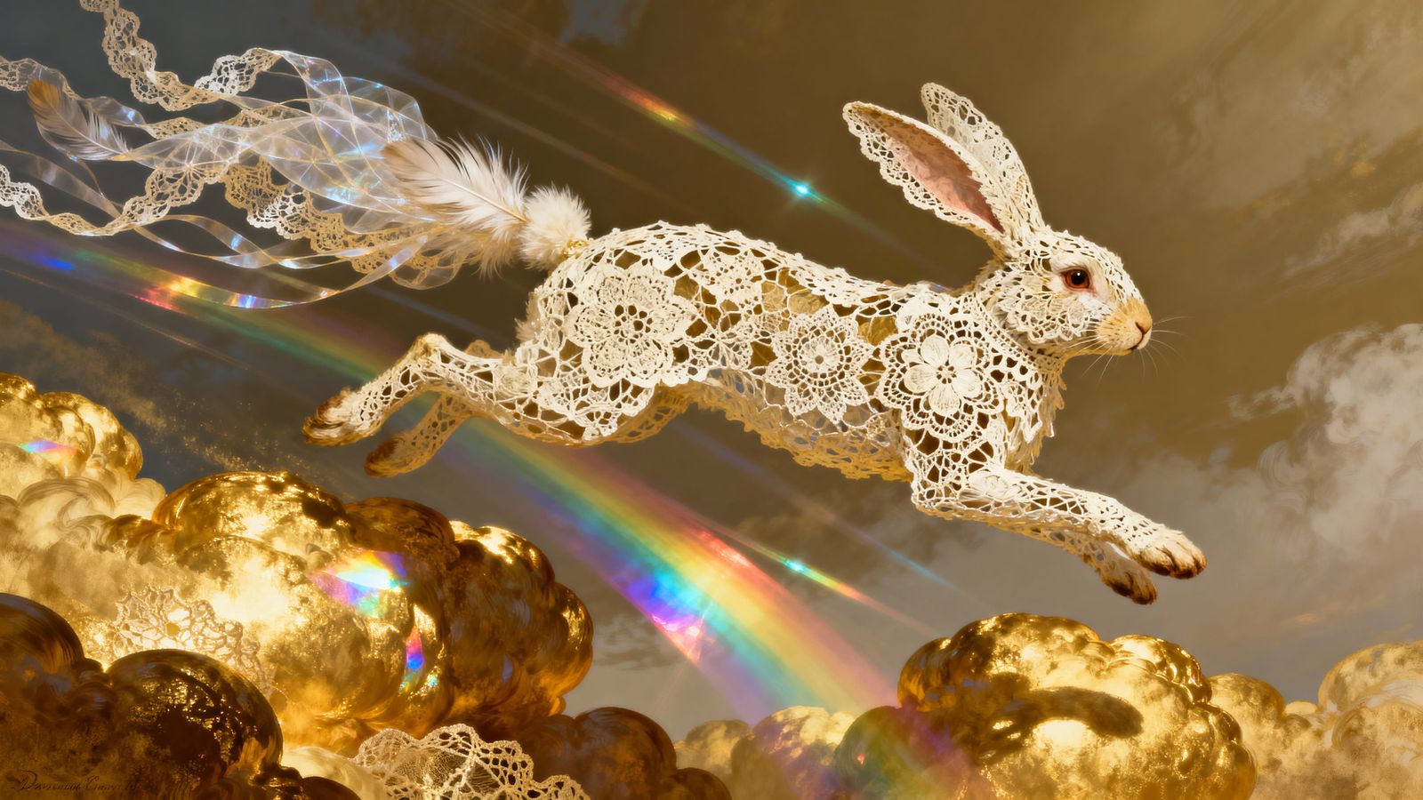 Lace Bunny Leaping on Golden Clouds with Streaming Light