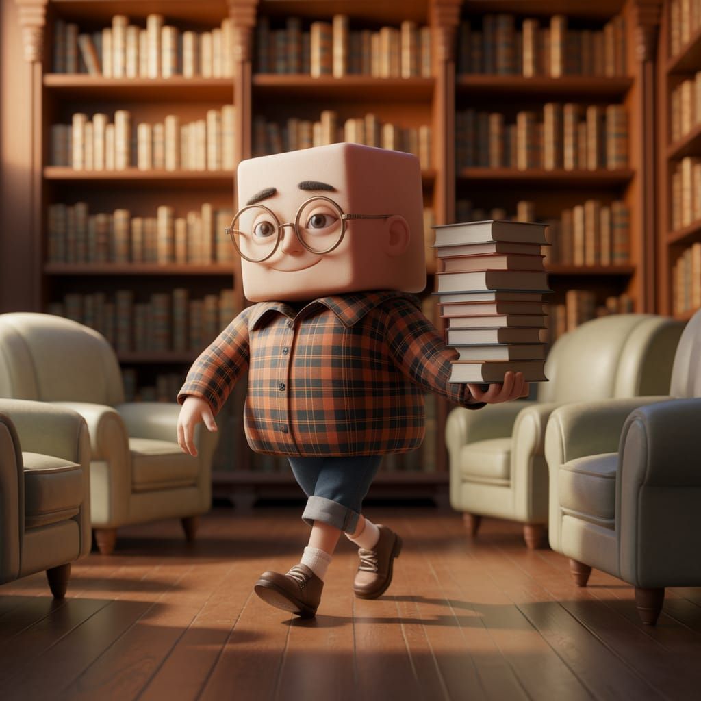 Cozy Library Scene with Quirky Square-Shaped Figure