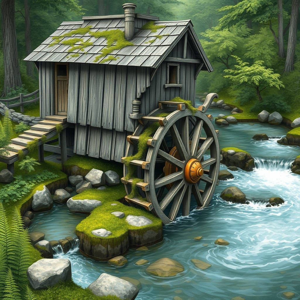 Rustic Sawmill Amidst Lush Greenery with Gentle River and Wa...