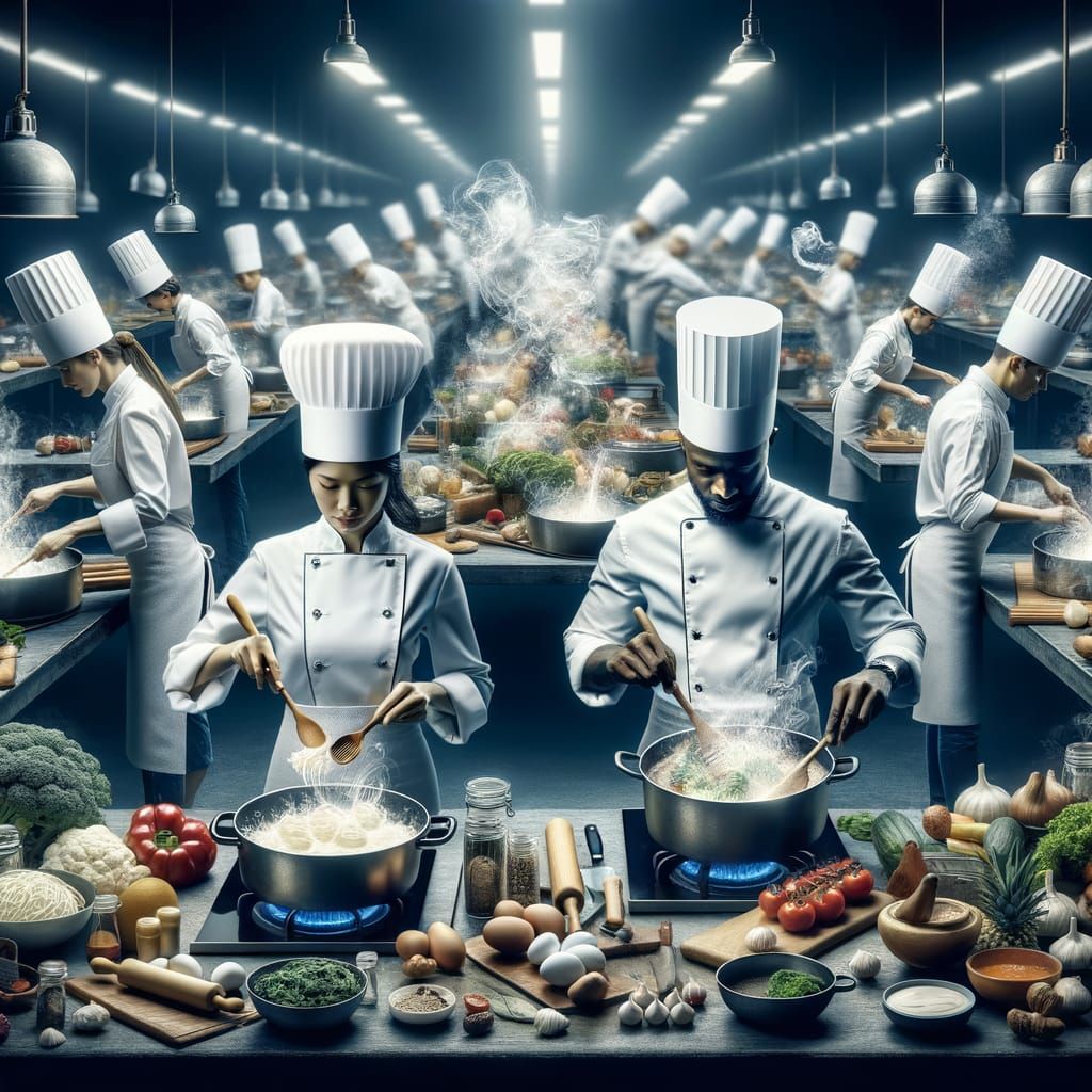 Diverse Chefs Collaborate in a Grand Kitchen Feast