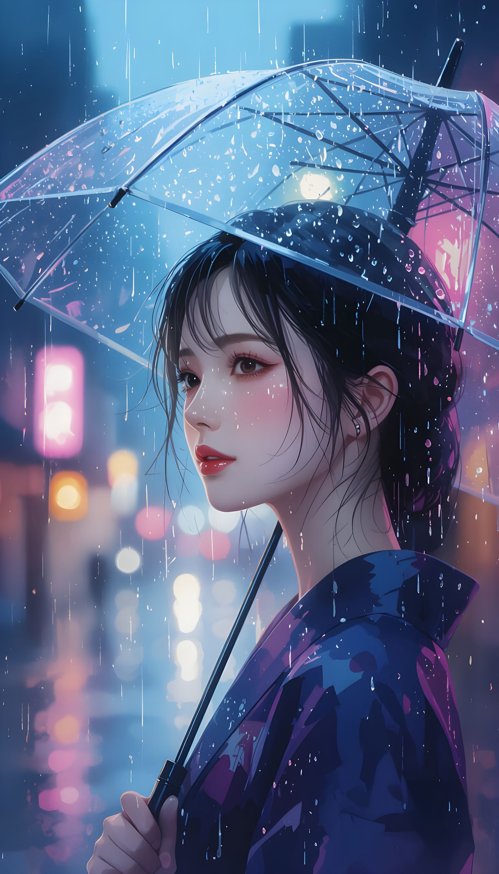 Rainy Portrait of Japanese Woman as Watercolor Painting