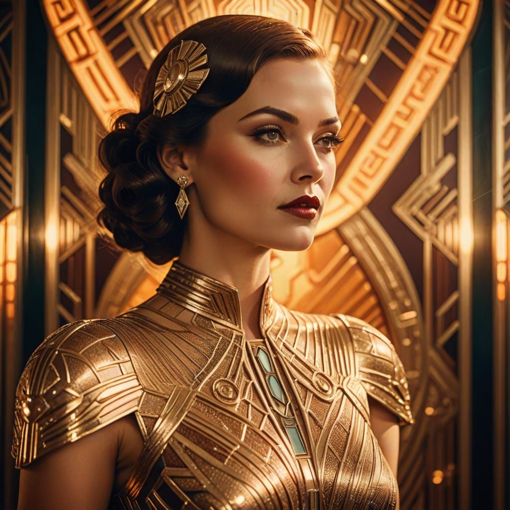 Elegant Woman in Radiant Retro Art Deco Dress