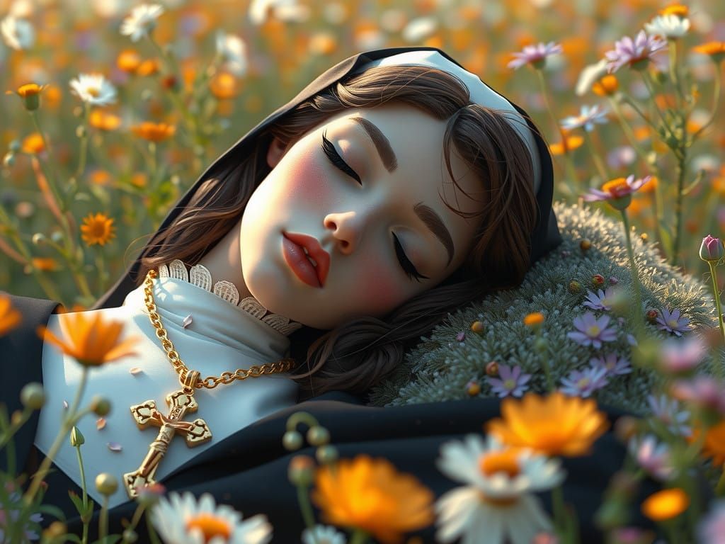 Serene Orthodox Nun Sleeping in Vibrant Wildflower Field wit...