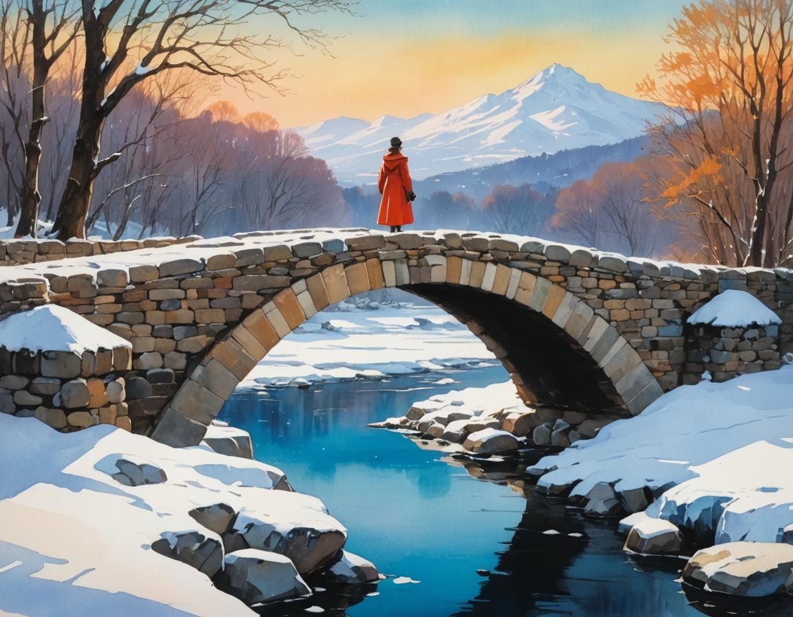 Winter Solitude: Woman and Dog on Snowy Bridge