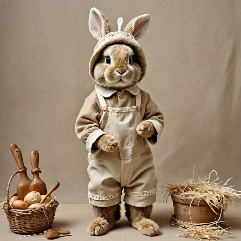 Un bébé lapin avec une fourrure beige vêtu de vêtements trad...