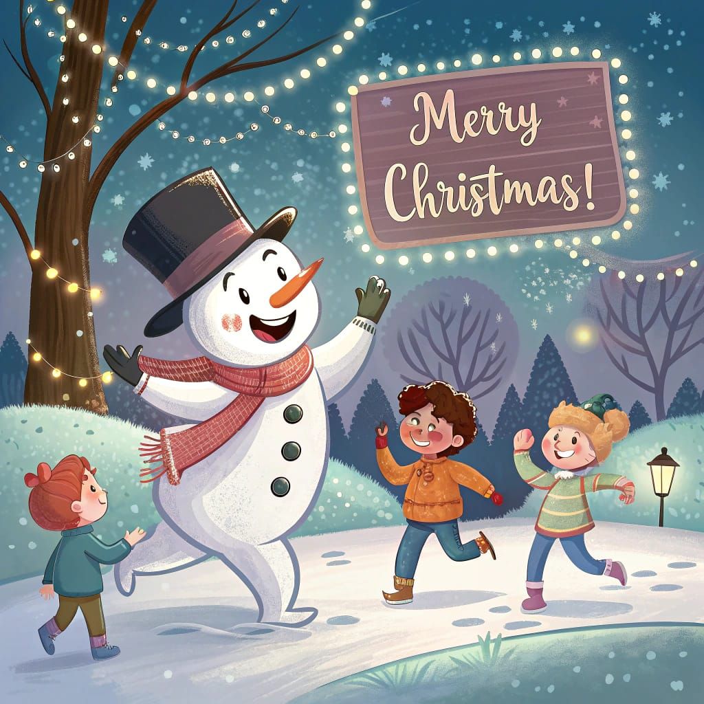 A postcard of Frosty the Snowman dancing with the children a...