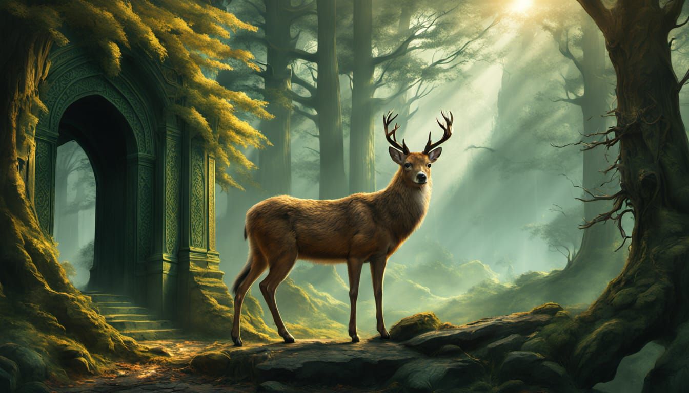 Warrior Doe Guarding Woodland Portal: Fantasy Concept Art