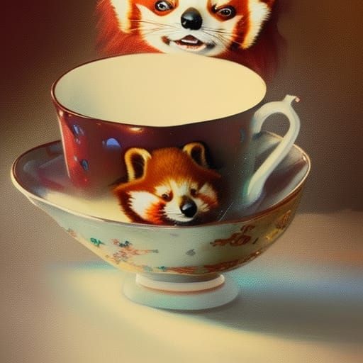 Dreamy Red Panda in Tea Cup Portrait