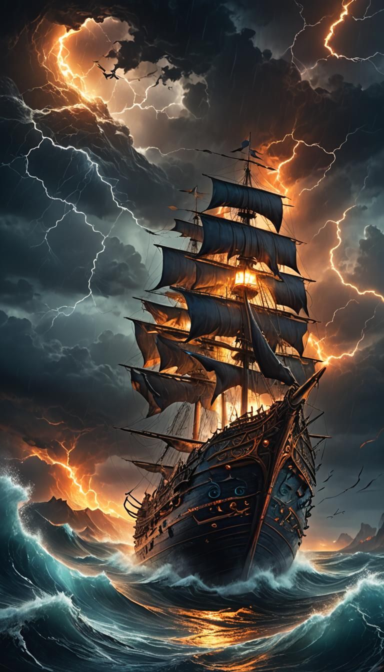 Ancient Ship Navigates a Stormy Sea