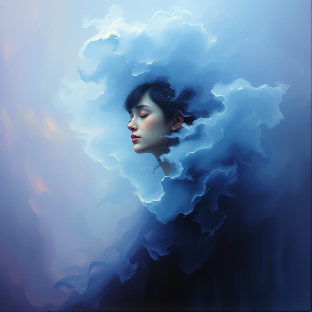 Ethereal Figure Lost in Soft, Misty Blues