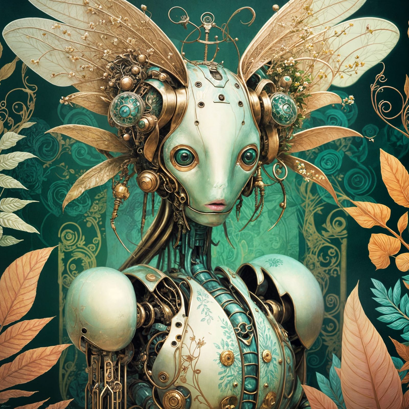 Surreal Oil Painting of Elegant Robot in Whimsical Garden