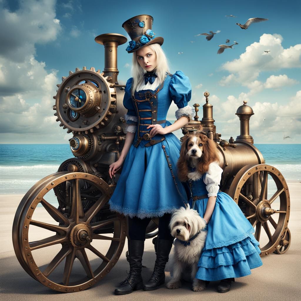 Fantasy Alice and Blue Dog Steampunk Beach Scene
