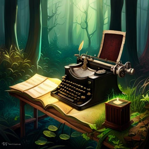 Victorian Typewriter in Woodland Glade: Fantasy Concept Art