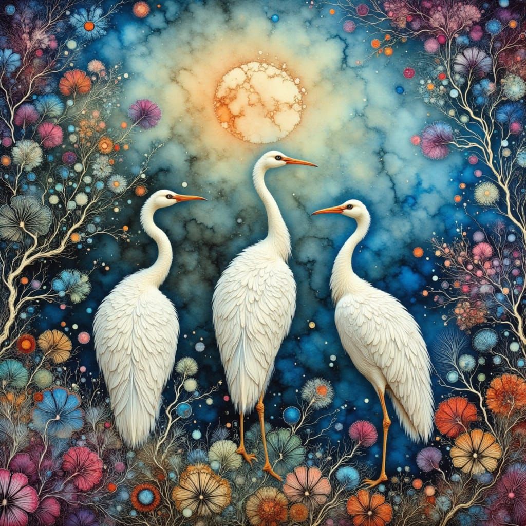 Cranes Gaze at Castel Gandolfo in Moonlight