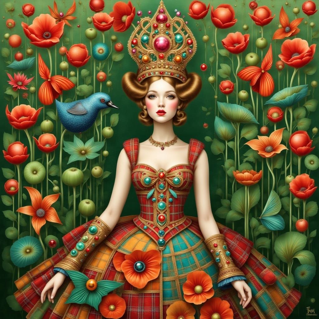 Tartan Woman in Lush Garden, Expressionist Style