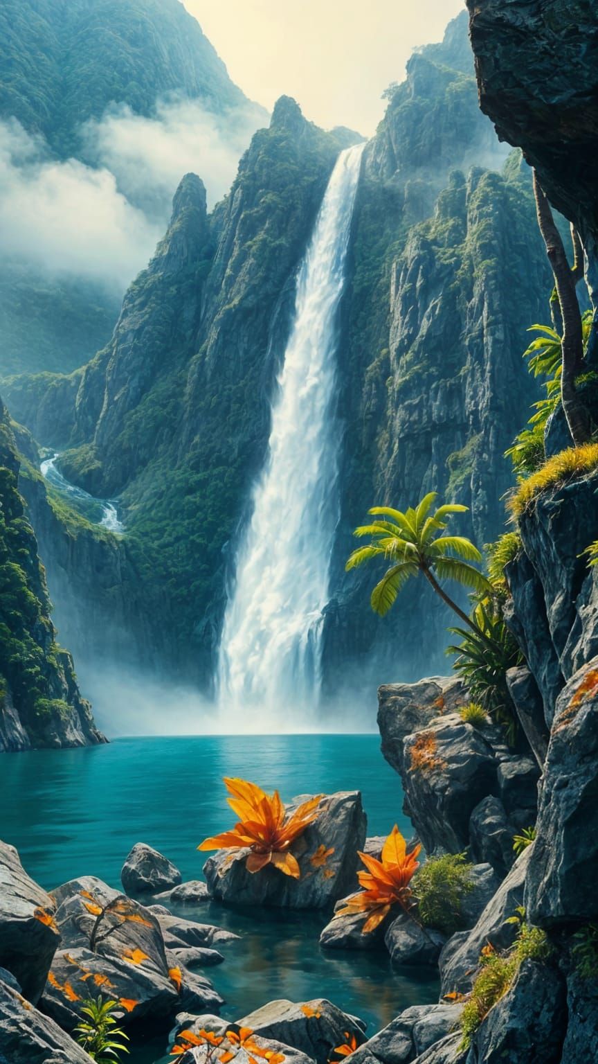 Impasto Waterfall in a Tropical Lake Landscape