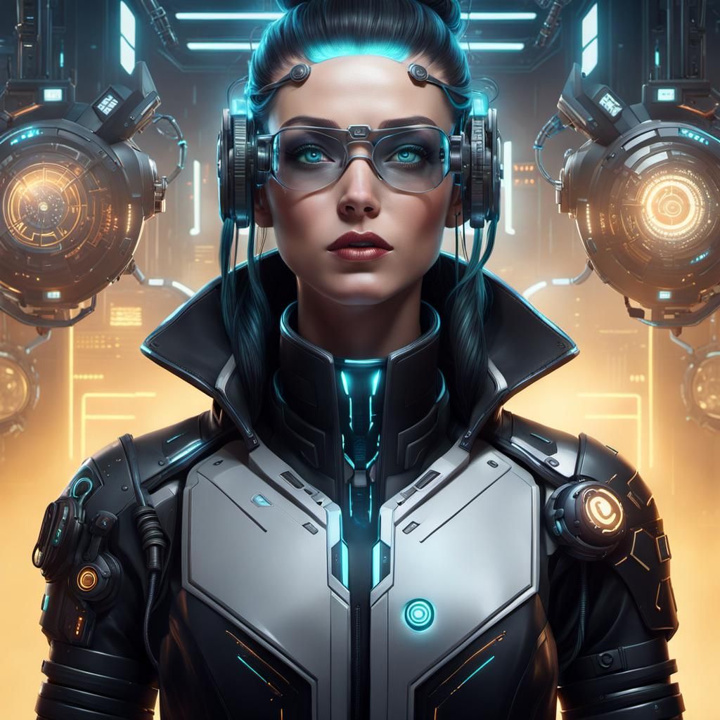Cybernetic Scientist in Futuristic Tech Lab