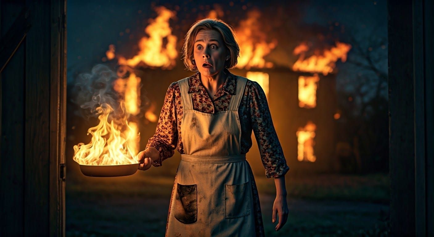 Comedic Caricature: Woman with Burning Dinner