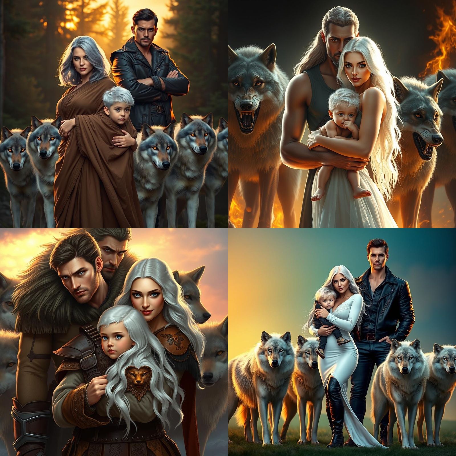 Family Protected by Wolves: Hyperrealistic Splash Art