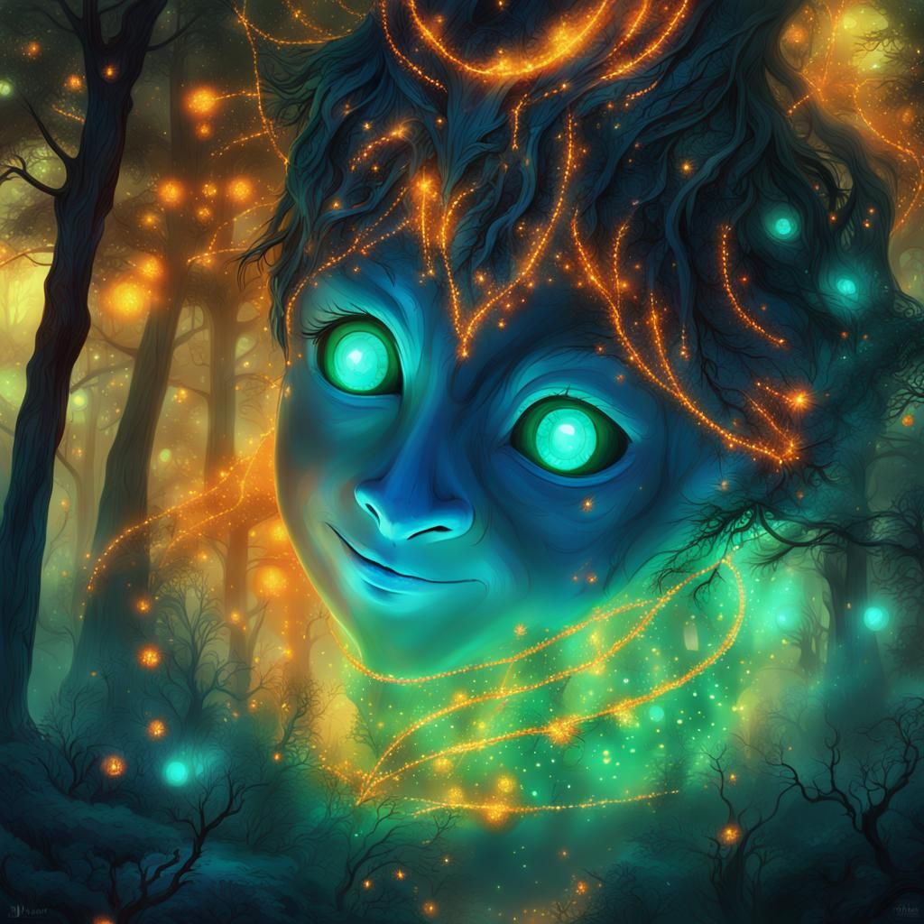 Mystical Forest with Glowing Lights: Fantasy Illustration