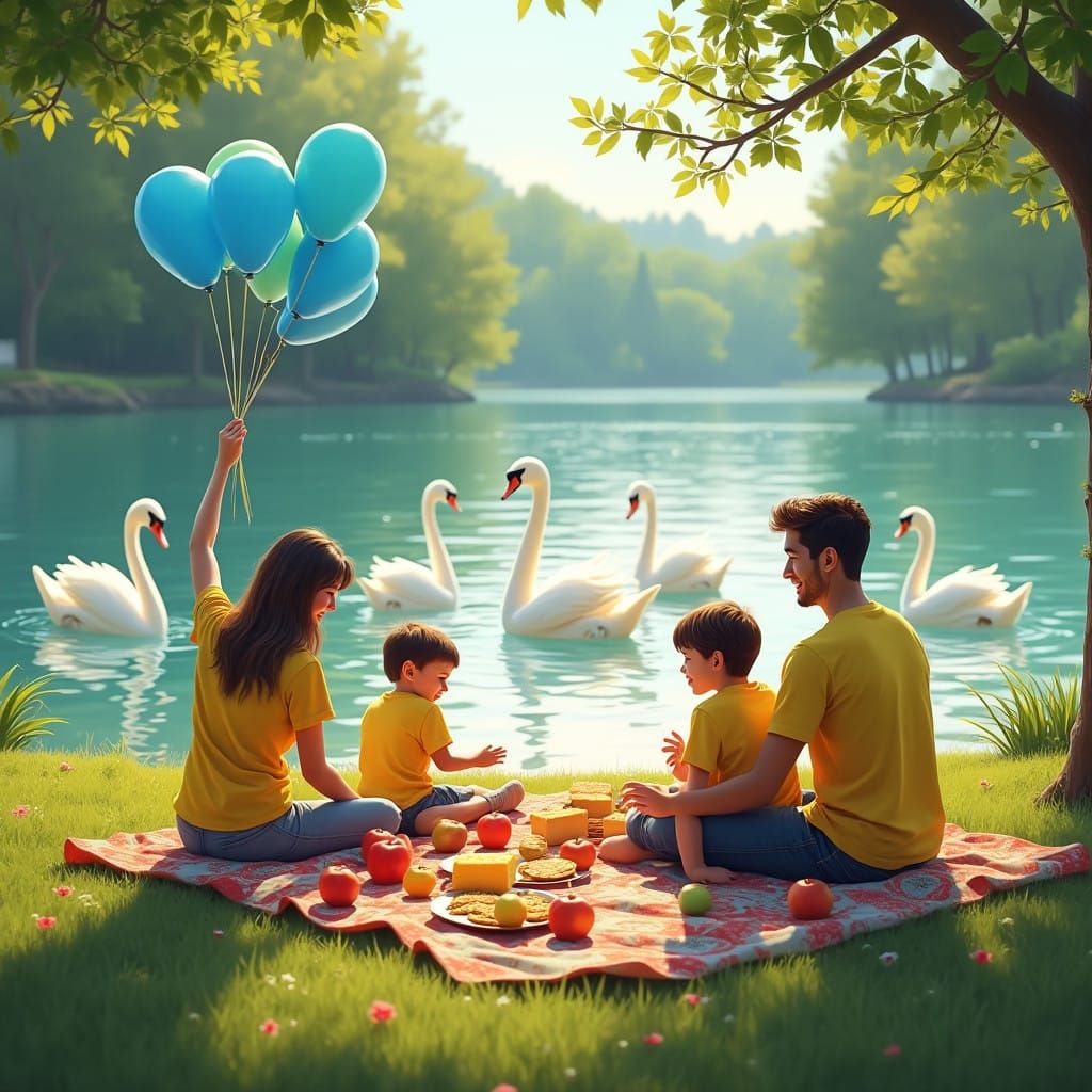 Whimsical Lakeside Family Picnic in Vibrant Yellow