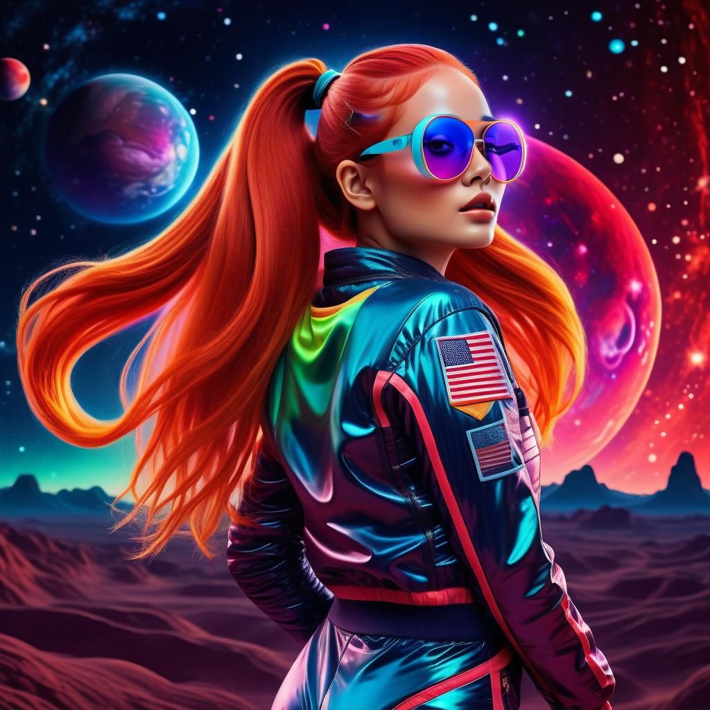 Cosmic Neon Woman with Red Hair in Space