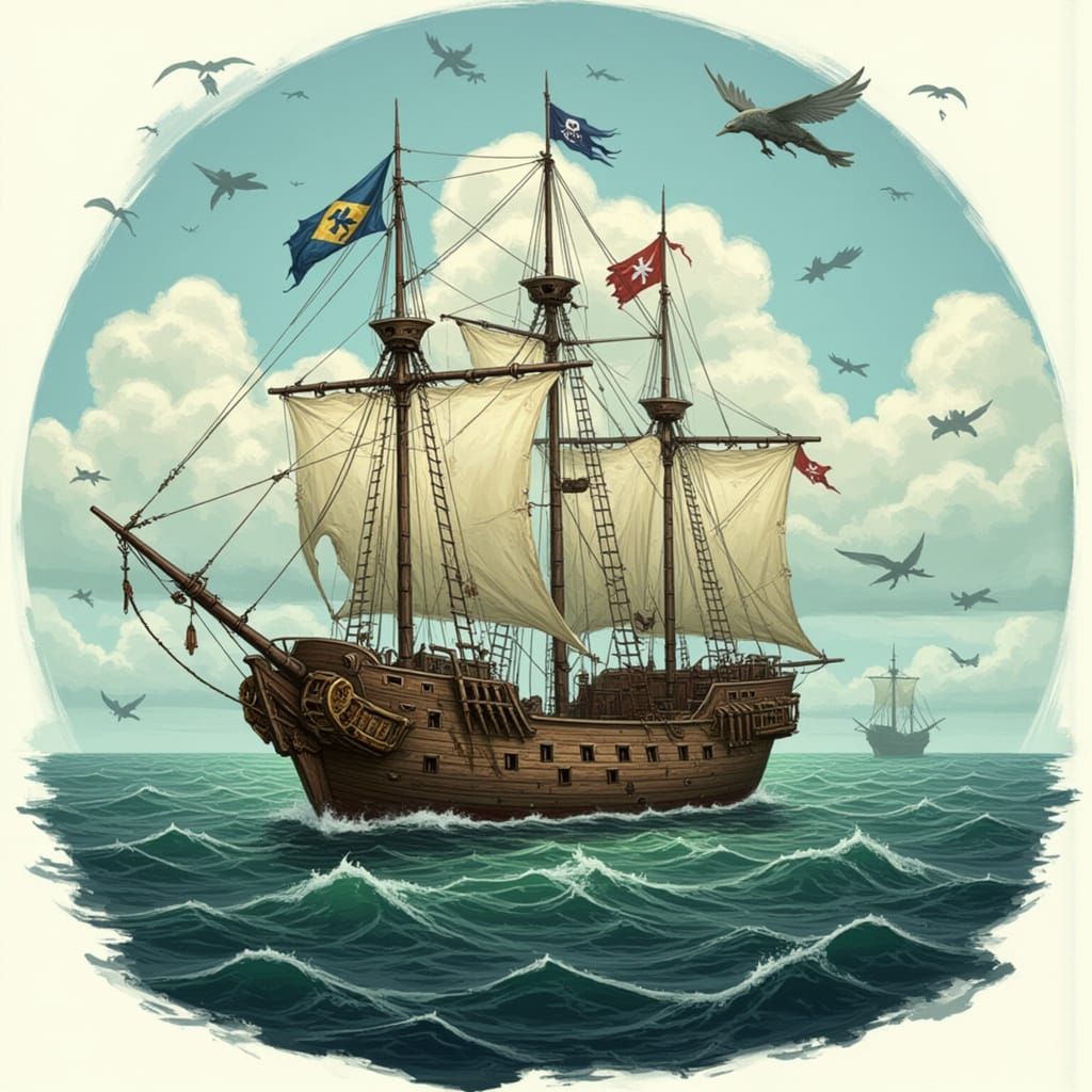 Sail Boat on Ocean Water in a Vibrant, Flat Color Style