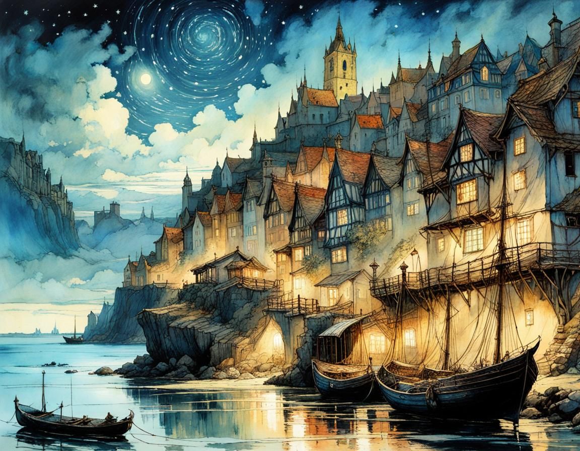 Medieval Island Port Town Under Starry Night Sky
