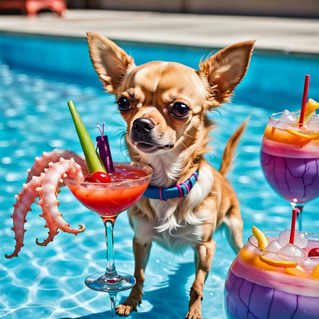 Chihuahua on a Squid Enjoying a Cocktail