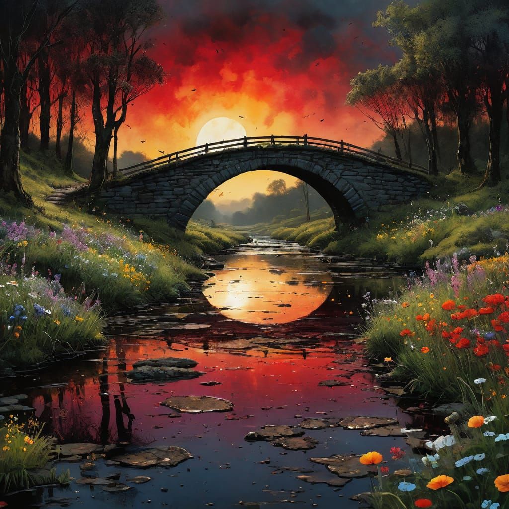 Dark Eclipse Over Swamp Bridge as Watercolor Art