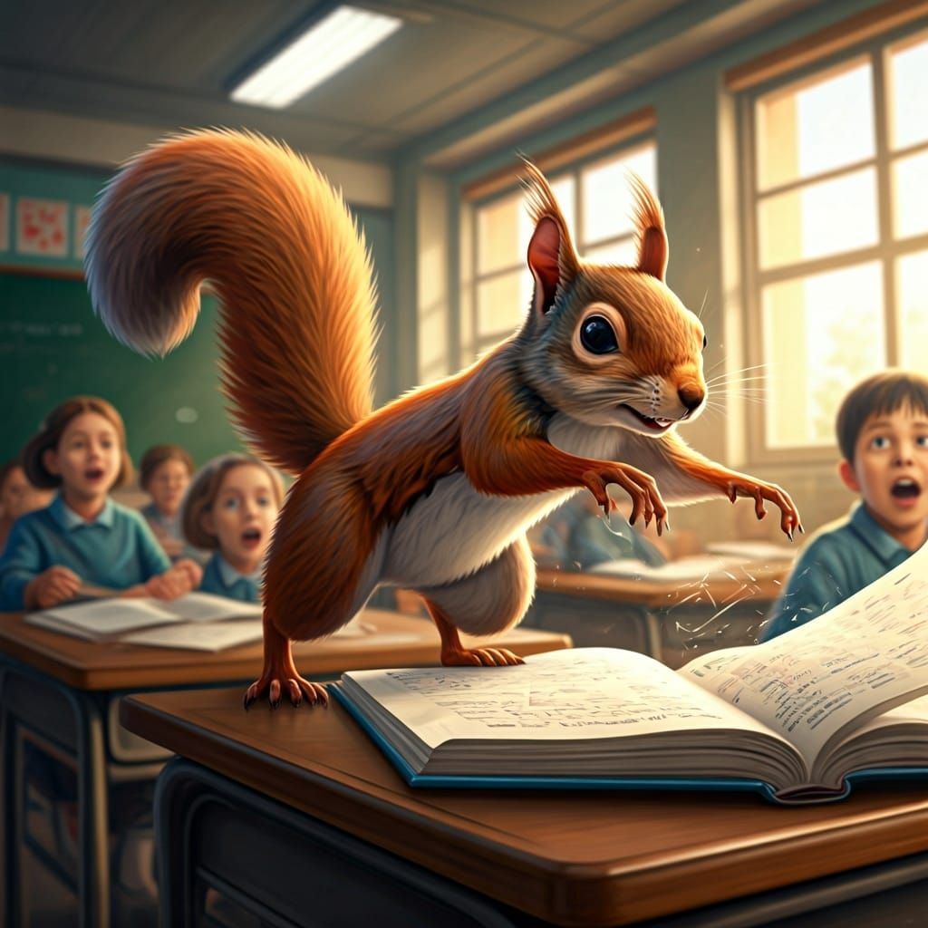 Naughty Squirrel Disrupts Classroom: A Digital Painting