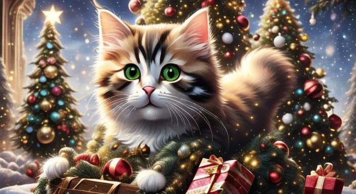 A Joyful Christmas Scene with Adorable Feline Friend