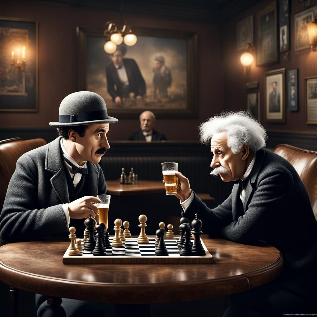 Chaplin and Einstein Play Chess: Hyperrealistic Portrait