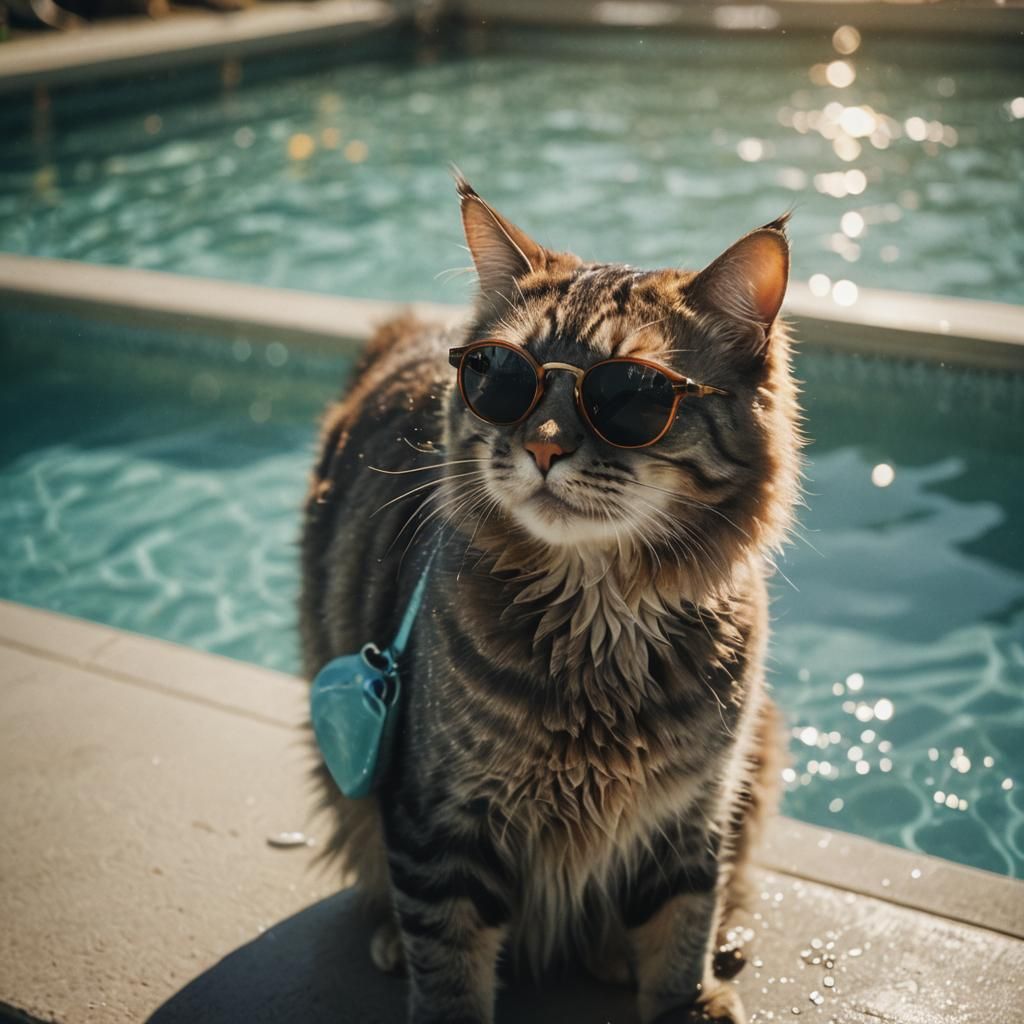Cat with Sunglasses at Pool in Film Noir Style
