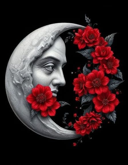 Silver Crescent Moon with Red Florals in Digital Art