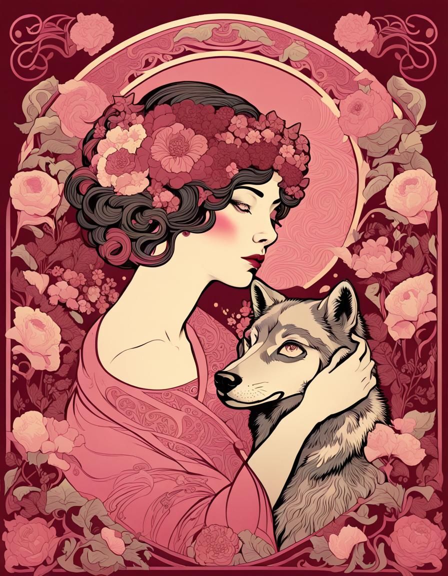 Art Deco Serigraph: Woman, Wolf, and Flowers