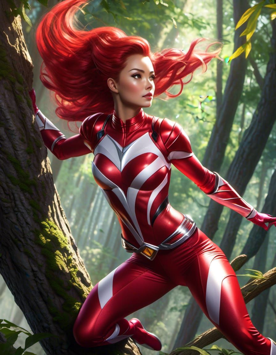 Female Red Power Ranger Flying Through Forest