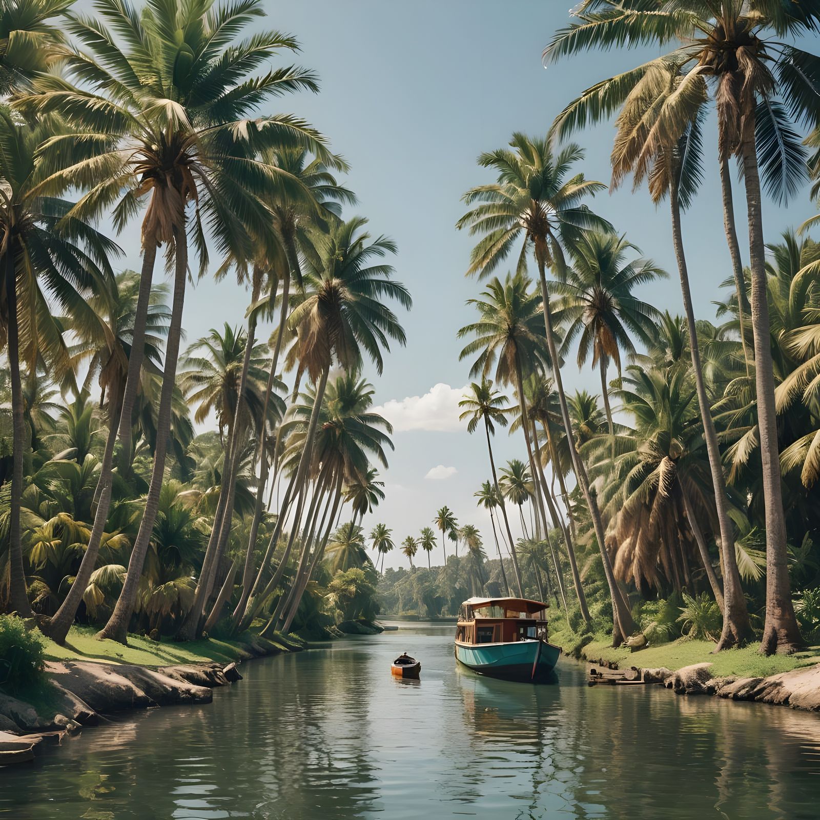 Boat on River Amongst Palm Trees