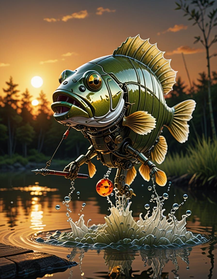 Steampunk Robotic Bass Jumps for Lure at Sunset