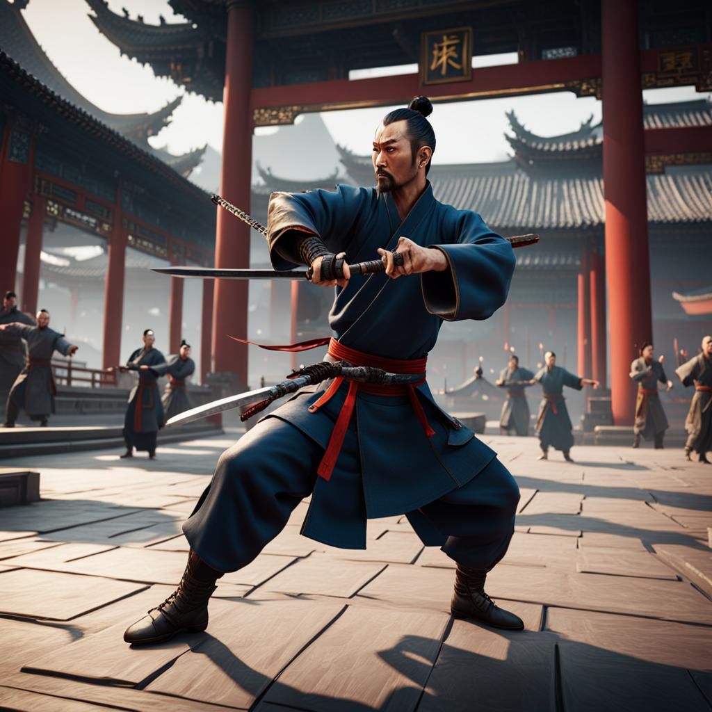 Chinese Swordsman in Kung Fu Stance: 3D Game Art