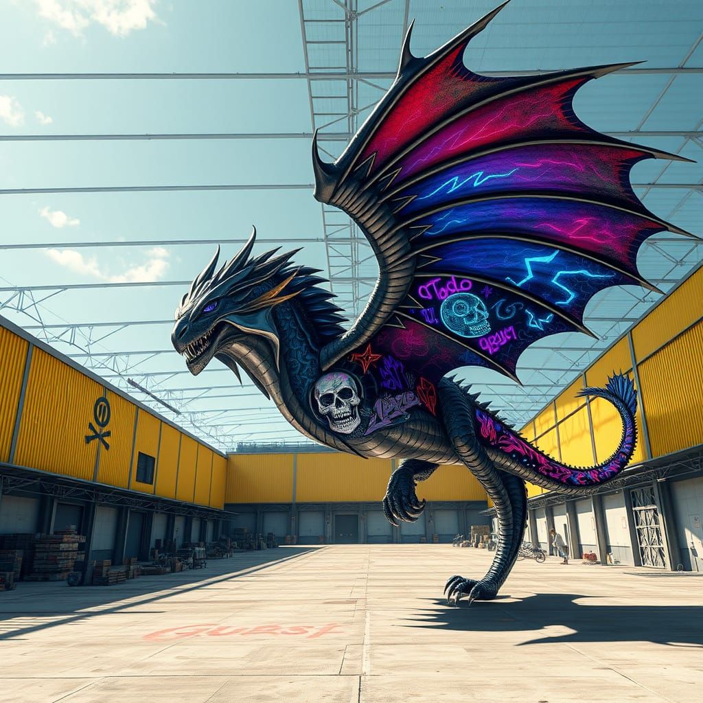 Dragon Descending on Industrial Warehouse in Urban Art Style