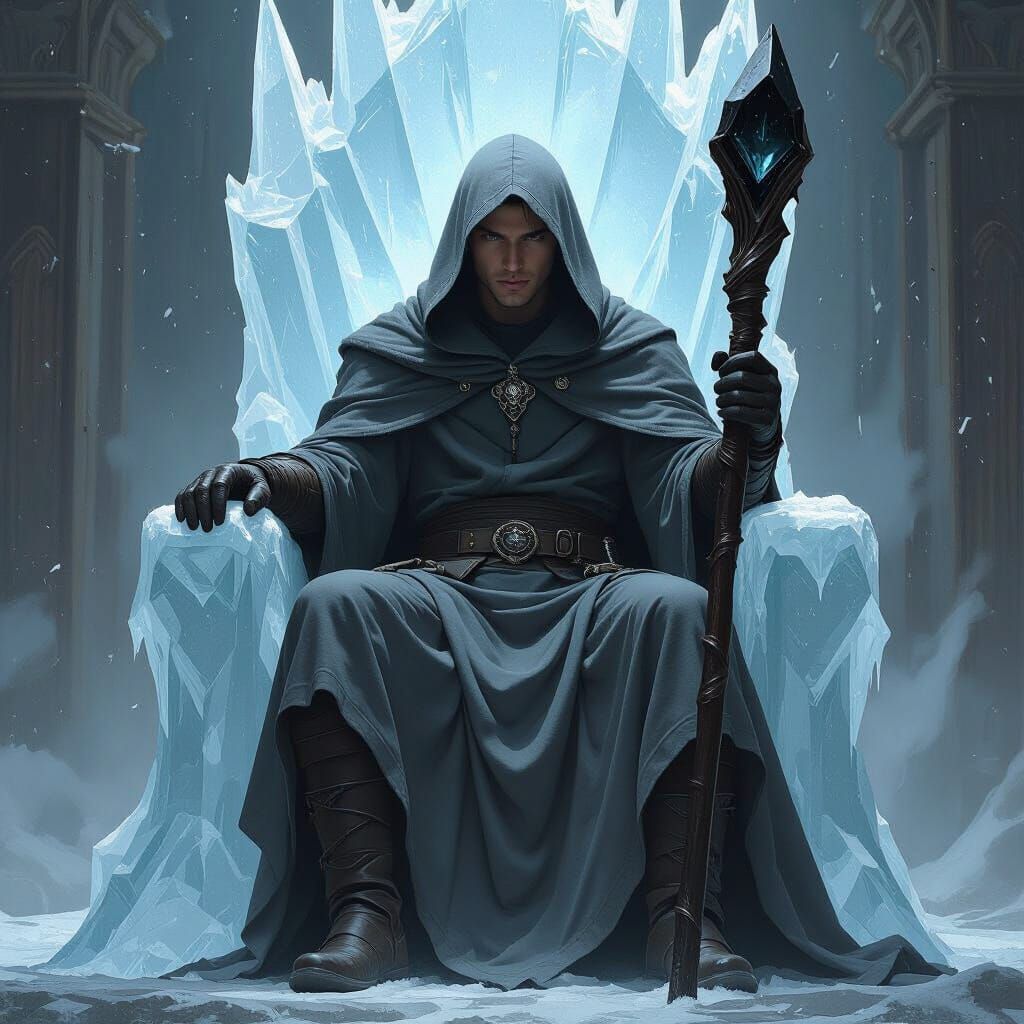 Mystical Figure on Ice Throne in Digital Art Style