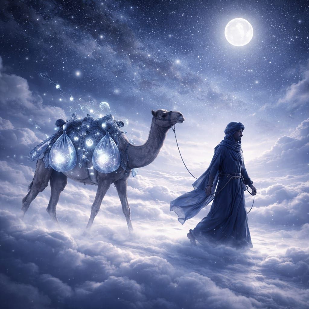 Surreal Nomad Walks Desert of Clouds Under Moonlight