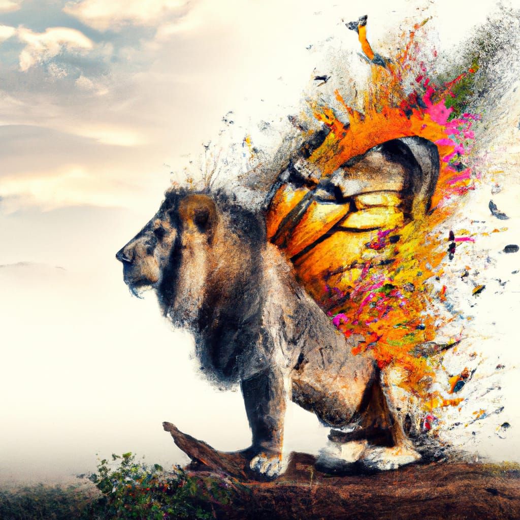 Hyperrealistic Lion with Butterfly Wings Splash Art