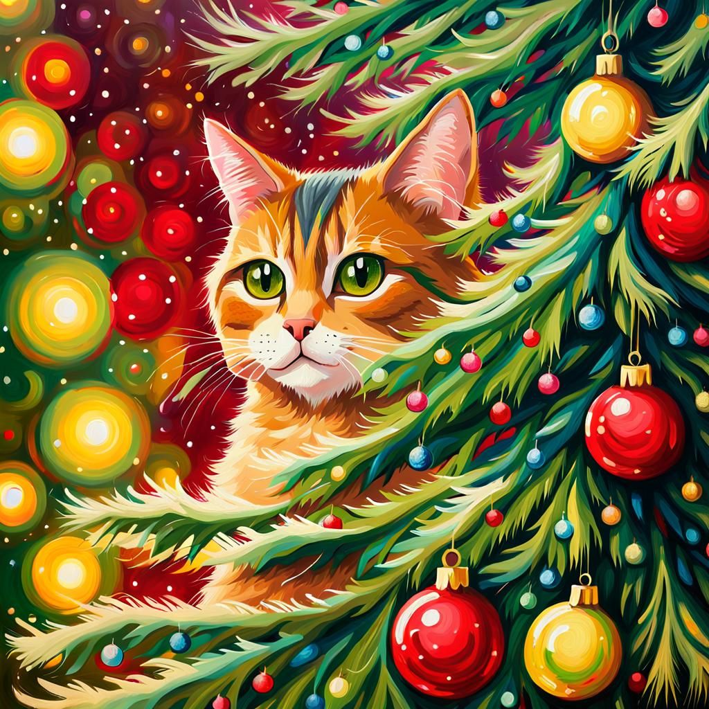 Cozy Christmas Miracle: Whimsical Cat Hides Behind Tree