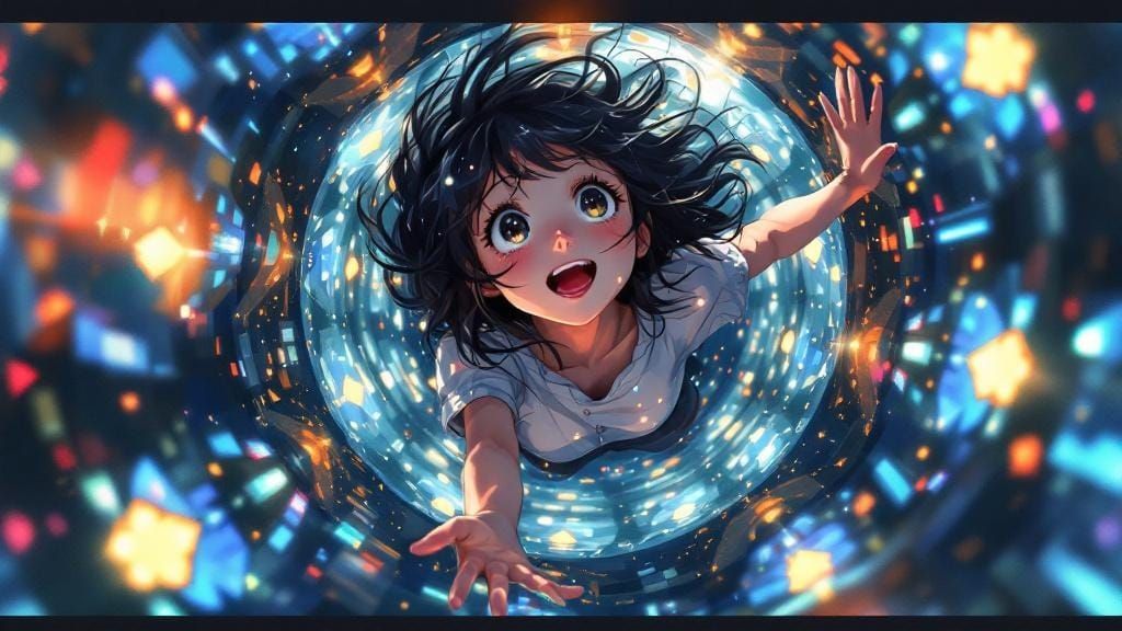 Anime Girl Falling Through Kaleidoscope of Light