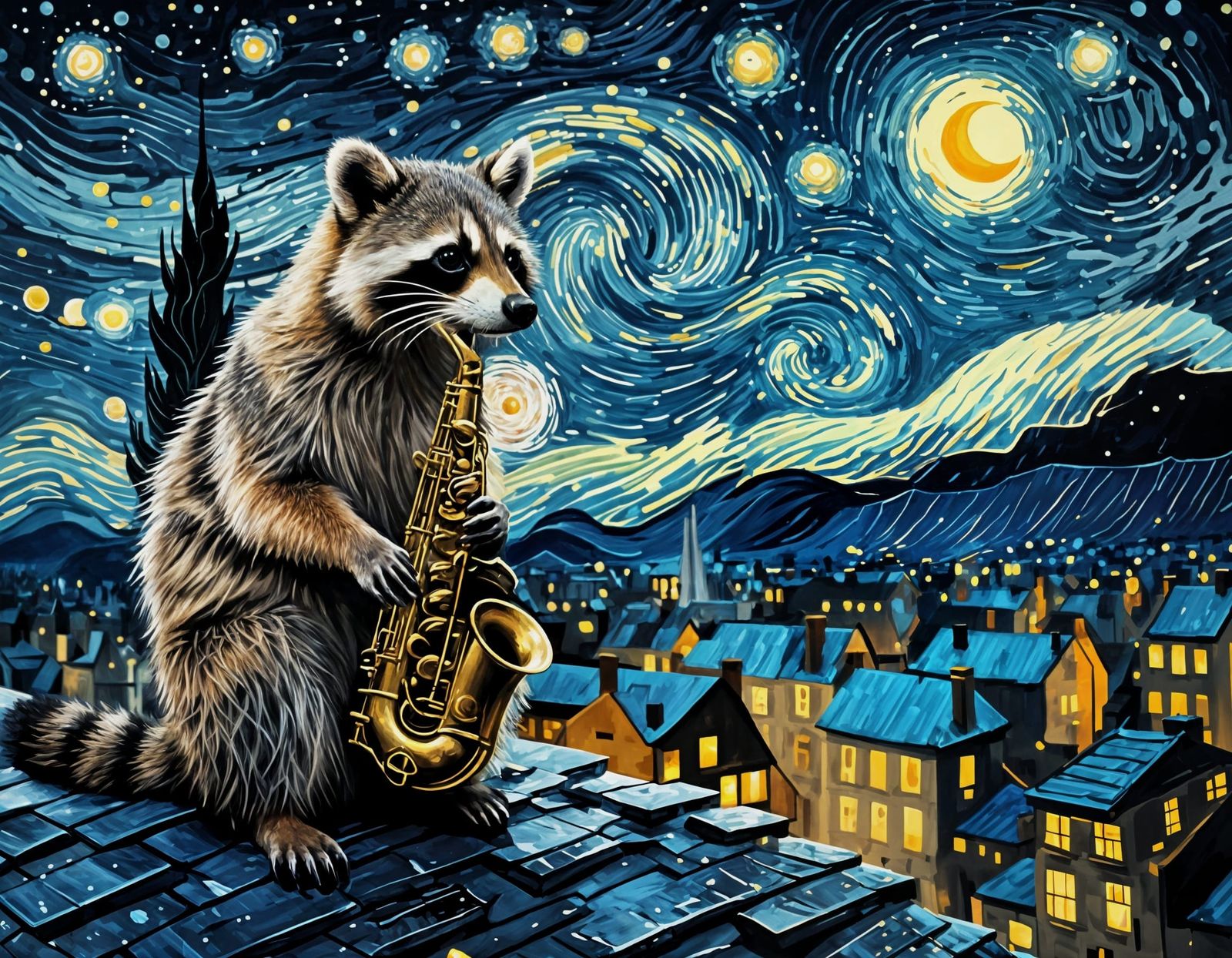 Raccoon Saxophonist Under Swirling Van Gogh Sky